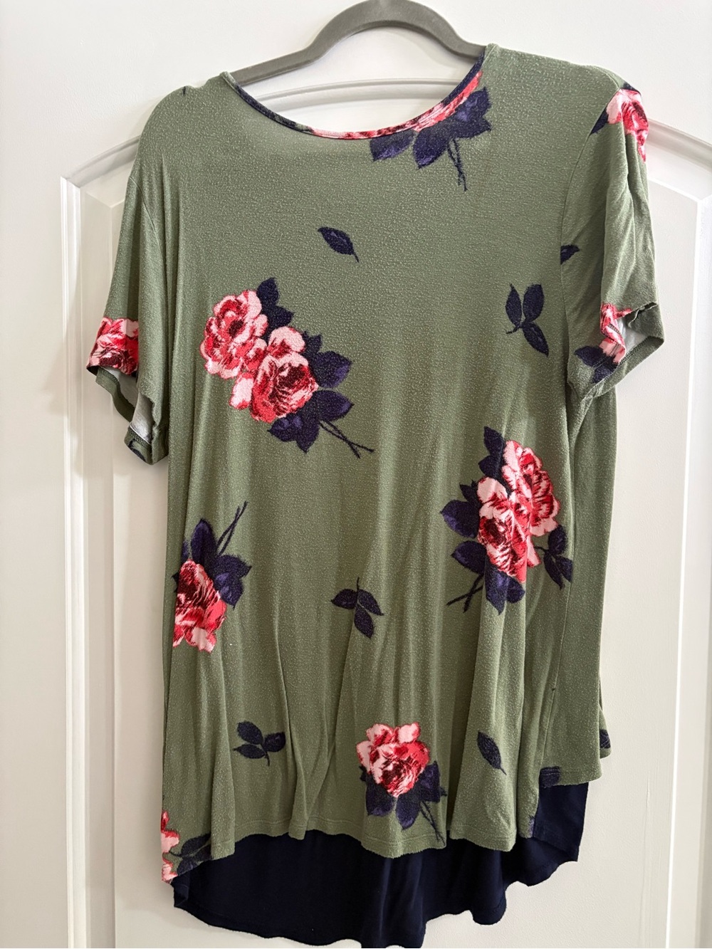 Olive Green Floral Short Sleeve Top with Pink Roses